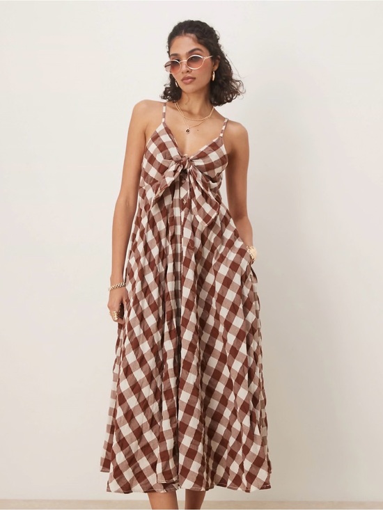 Free People Dresses & Skirts - Free People Brown and White Gingham Tie-Front Midi Dress